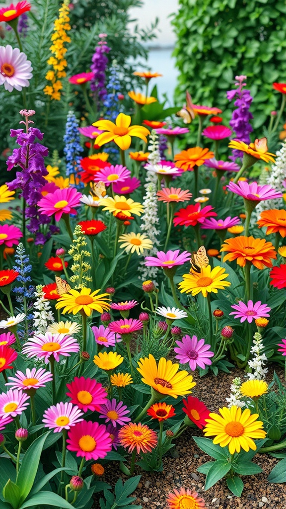 A vibrant garden filled with colorful flowers including pink, yellow, and purple blooms.