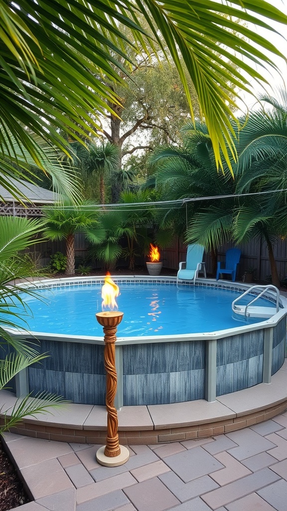 A tropical themed above ground pool area with palm trees, tiki torches, and a clear blue pool.