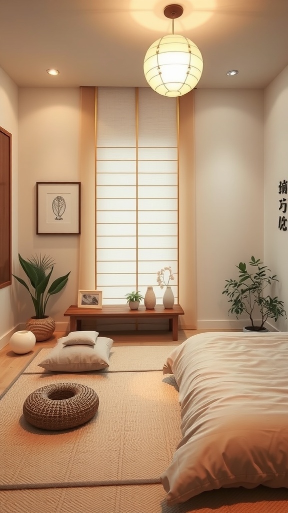 A serene Japandi bedroom featuring a low bed, floor cushions, plants, and soft lighting.