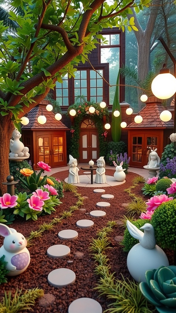 A beautifully designed garden in Roblox featuring colorful flowers, stepping stones, and decorative statues.