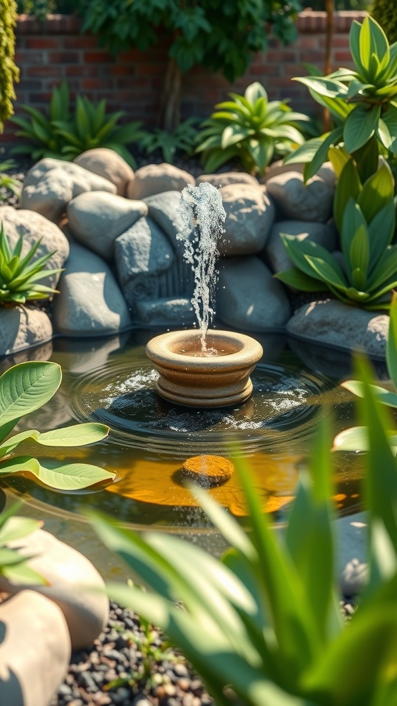 A serene garden water feature with a fountain surrounded by stones and plants.