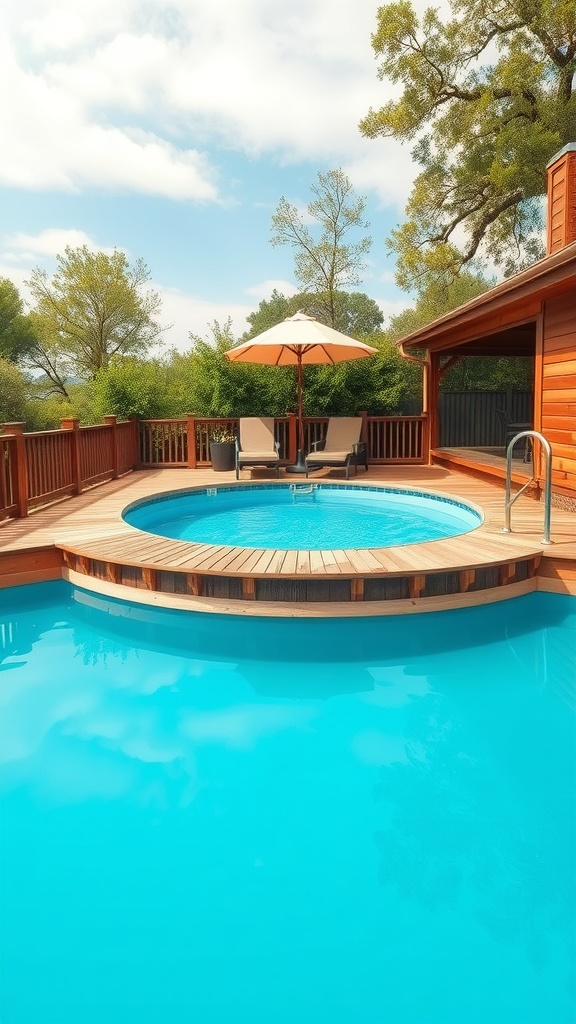 A circular above ground pool surrounded by a wooden deck and lounge chairs under an umbrella.