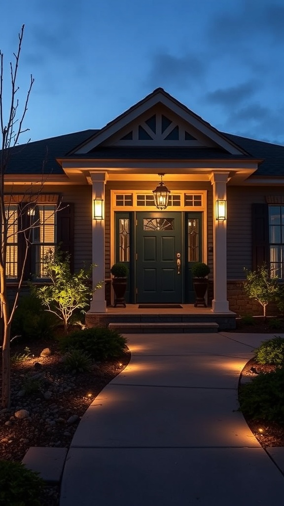 A beautifully lit front entryway with pathway lights and wall sconces