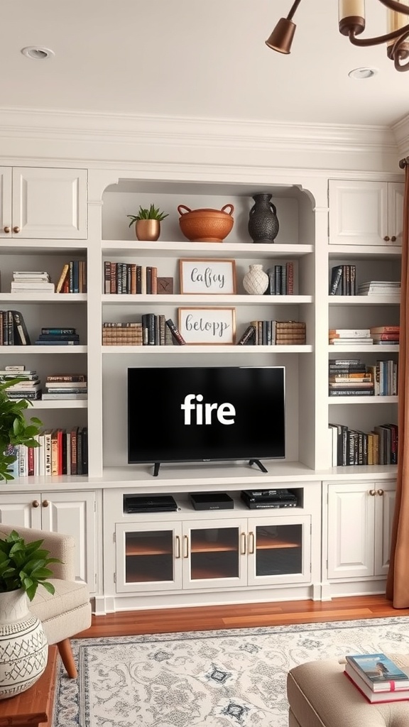 A cozy living room with customized built-in shelving featuring a TV and decorative items.