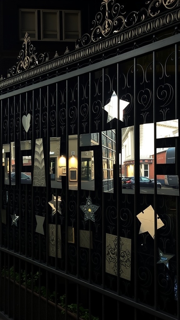A decorative fence with various shaped mirrors reflecting the surroundings.