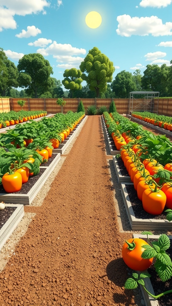A vibrant vegetable patch in Roblox with rows of orange bell peppers and green plants under a sunny sky.