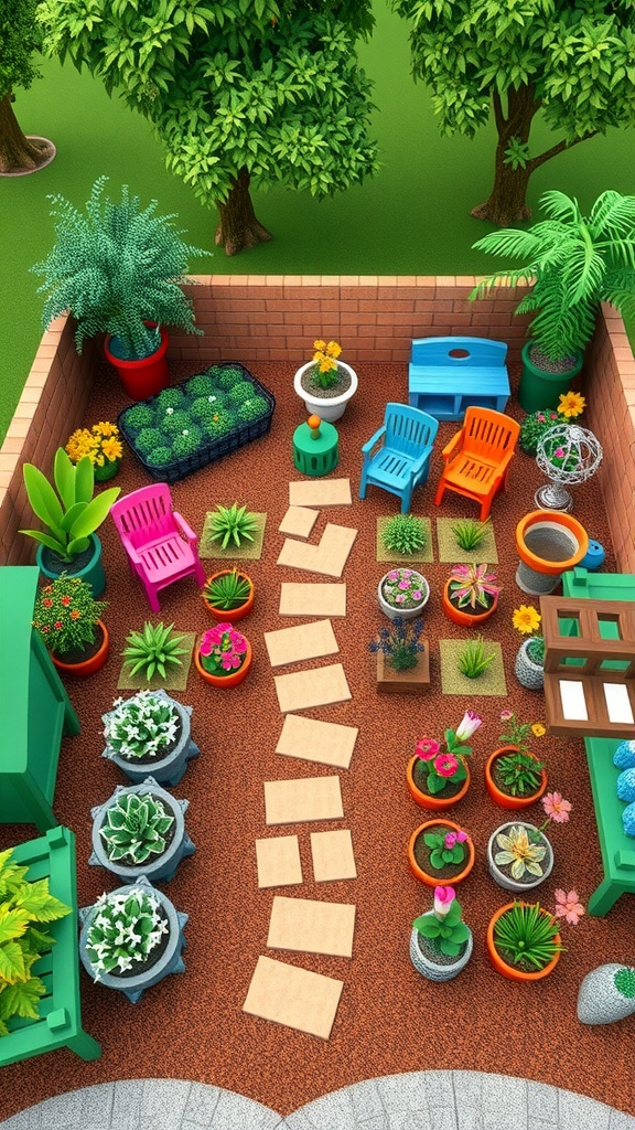A colorful garden layout in Roblox featuring various plants, seating areas, and a stone path.