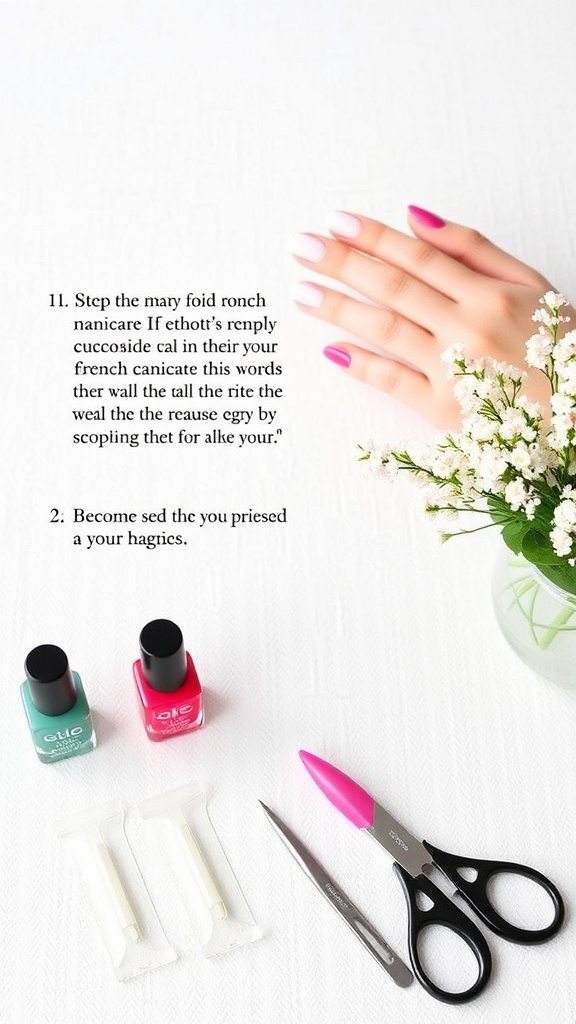 Image of a hand with a French manicure, featuring pink and white polish, with nail polish bottles and tools nearby.