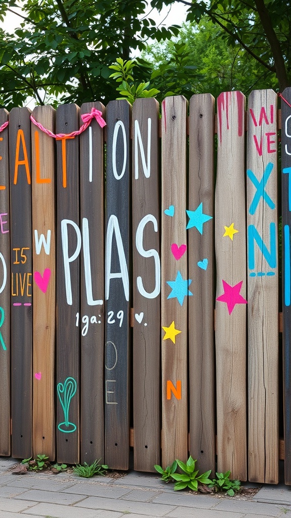 Colorful DIY pallet fence art with painted words and designs