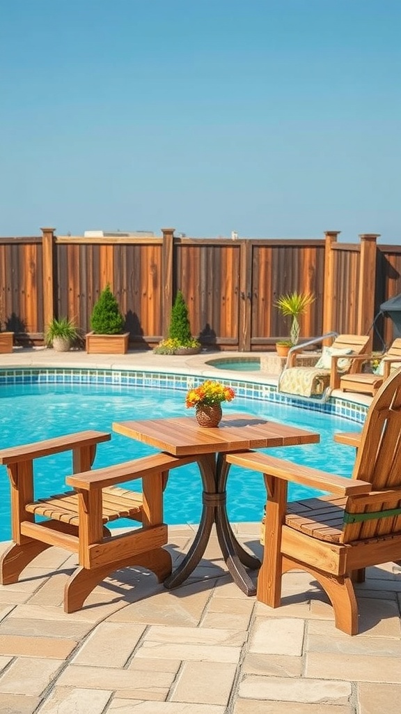 Wooden chairs and table by a blue pool, surrounded by potted plants.