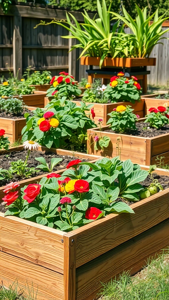 Colorful flowers in DIY raised garden beds