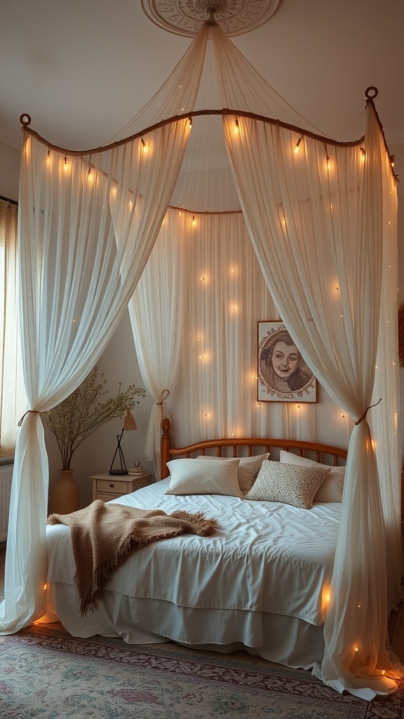 A cozy bedroom featuring a canopy bed with soft curtains and twinkling lights, creating a dreamy atmosphere.