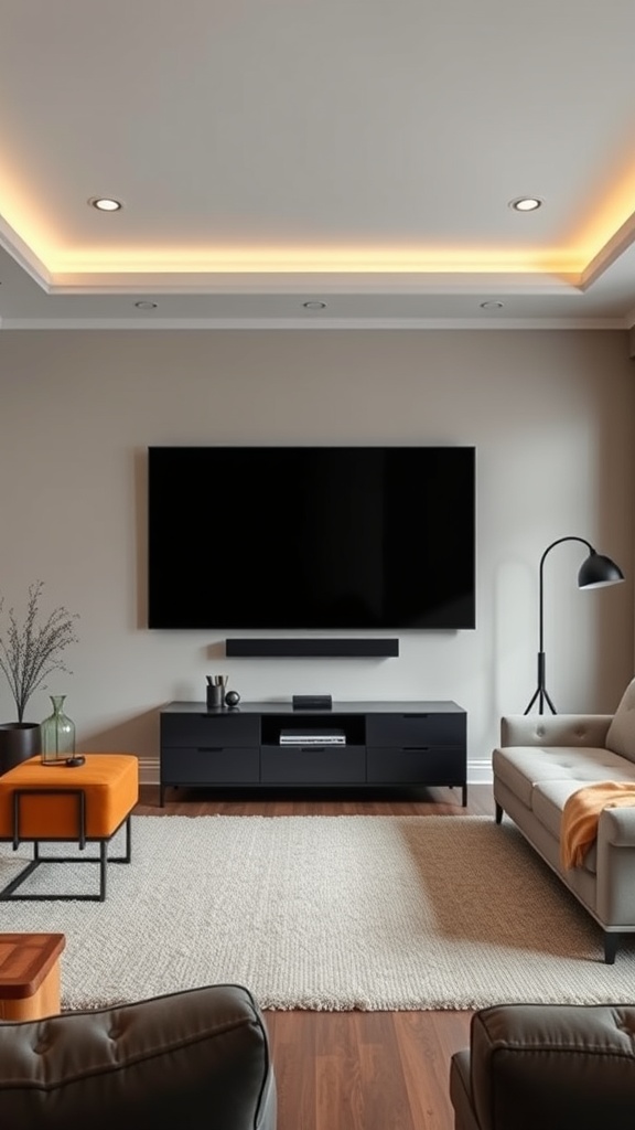 Modern living room with a large wall-mounted TV and stylish furniture.