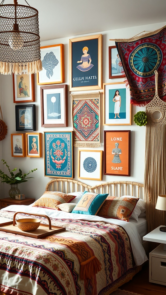 A cozy boho bedroom featuring an eclectic wall art display with various framed artworks and a colorful bedspread.