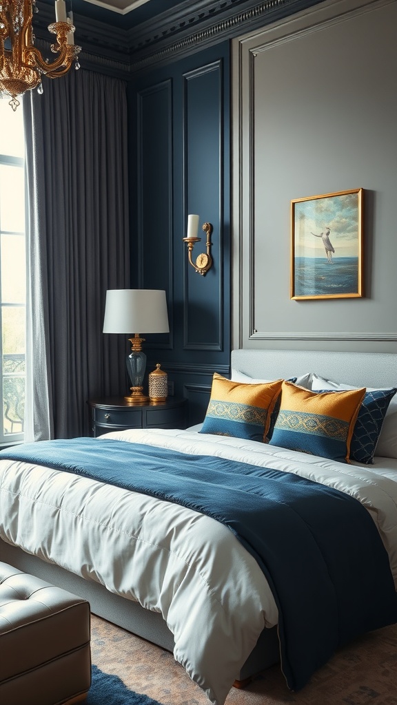 A modern luxury bedroom featuring deep blue walls, white bedding, and gold accents.