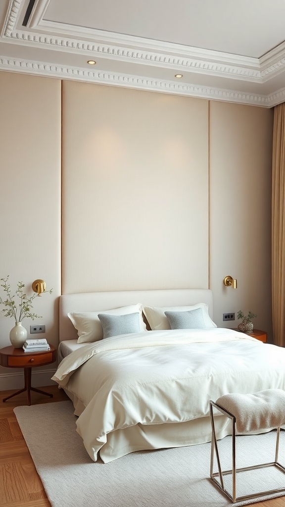 A serene bedroom featuring a fabric accent wall, soft bedding, and stylish decor.