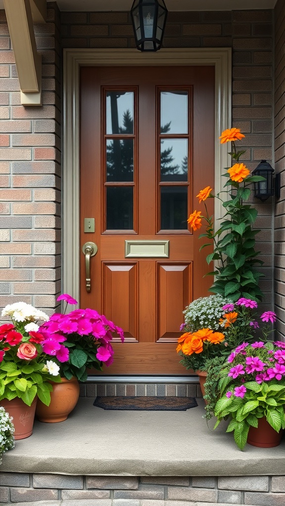 A front entry with vibrant potted plants in various colors, including pink, orange, and white, surrounding a brown door.
