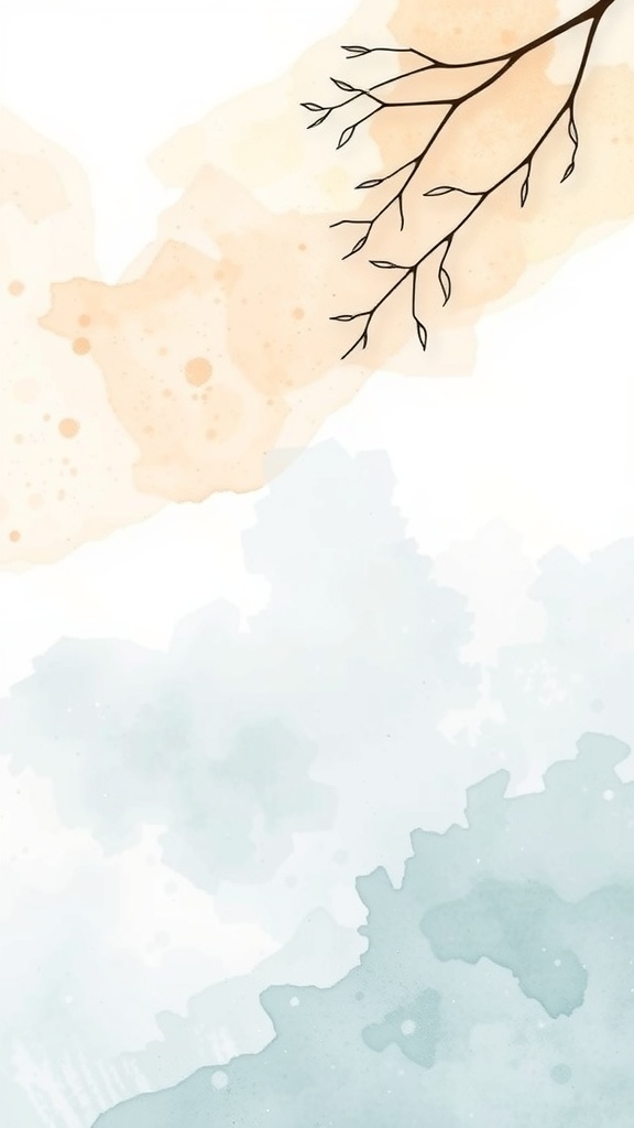 Fondo de pantalla en acuarela suave con tonos de azul y melocotón, decorado con una rama delicada.