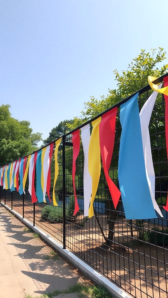 Colorful fabric banners hanging on a fence