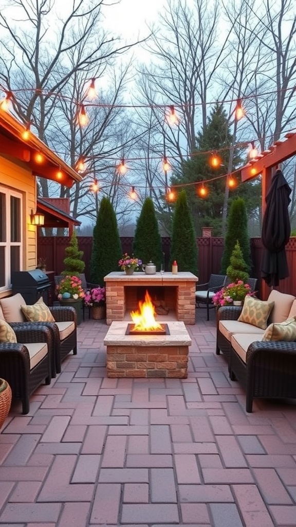 Cozy backyard patio with a fireplace and seating area, surrounded by string lights and greenery.
