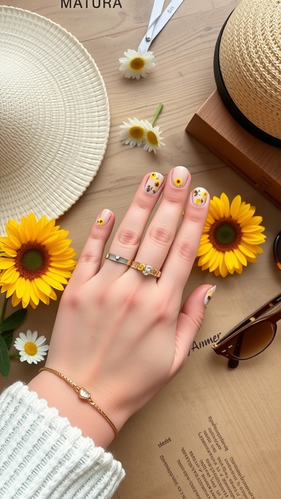 A hand with floral nail art featuring sunflowers and daisies, surrounded by summer accessories like a straw hat and sunglasses.