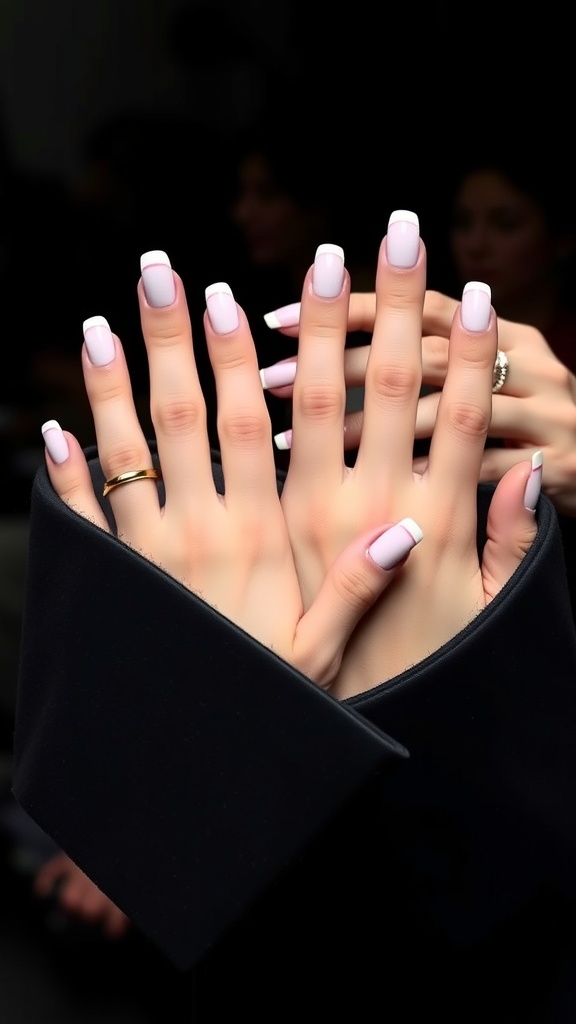 A close-up of hands with French manicured nails featuring a soft pink base and white tips, showcasing various nail shapes and designs.