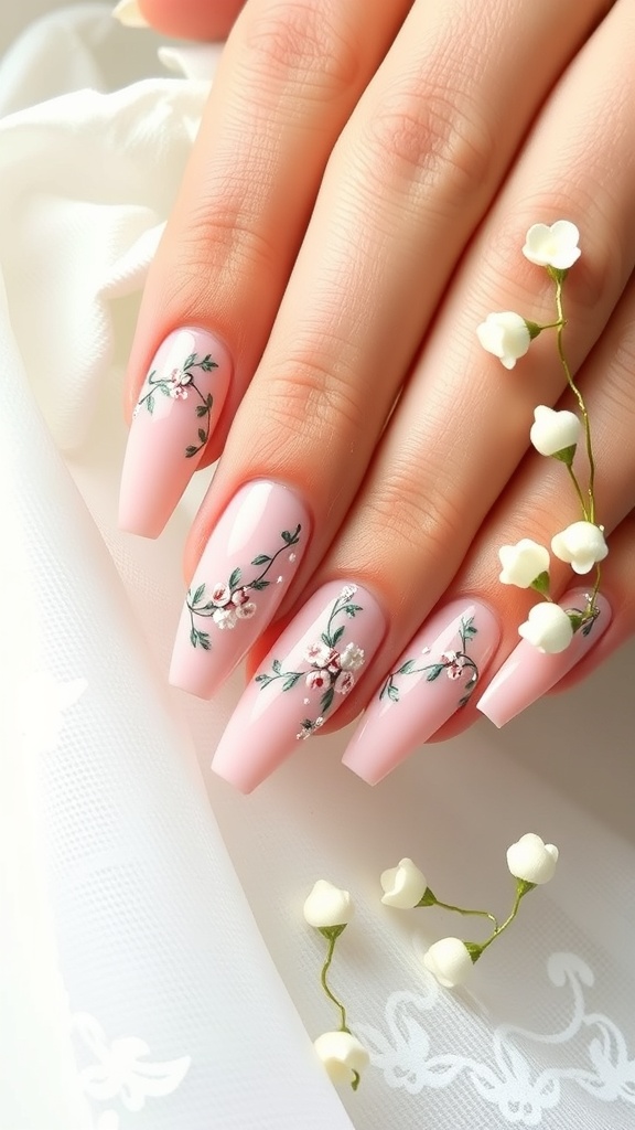 A close-up of elegantly designed French nails with floral patterns on a soft pink base.