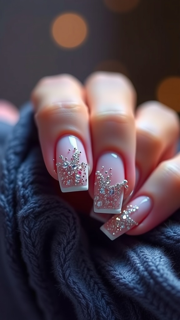 A close-up of French nails with glitter accents, showcasing a classic design enhanced with shimmering details.