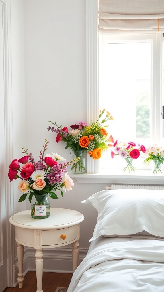 A bright and cheerful bedroom with fresh floral arrangements on a bedside table and windowsill.