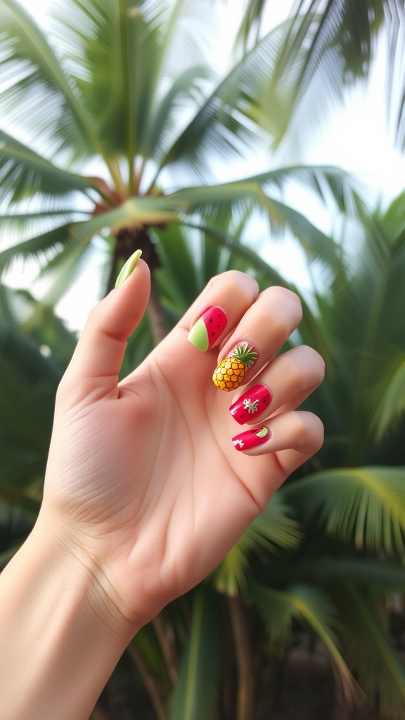 A hand showing off colorful fruit-inspired nail designs with watermelon and pineapple patterns.