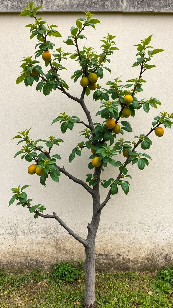 Espalier fruit tree with green leaves and developing fruits against a wall.