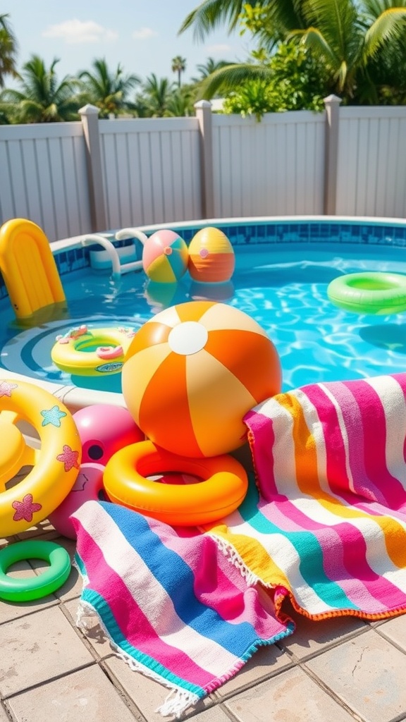 Colorful pool accessories including floats, beach balls, and towels around an above-ground pool.
