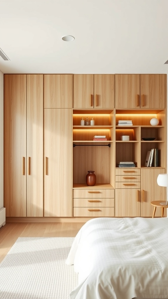 A modern Japandi bedroom featuring a wooden storage unit with closed cabinets, open shelves, and warm lighting.