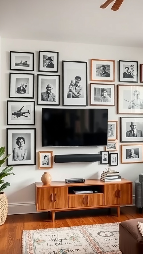 Gallery wall featuring a TV integrated with black and white framed photographs and a wooden media console.