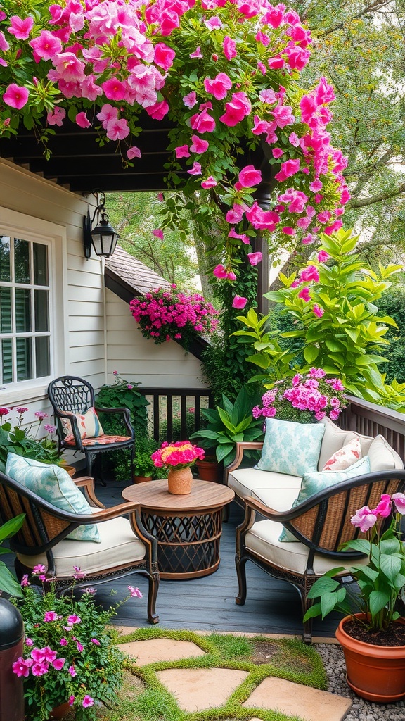 Cozy outdoor seating area with pink flowers and comfortable chairs