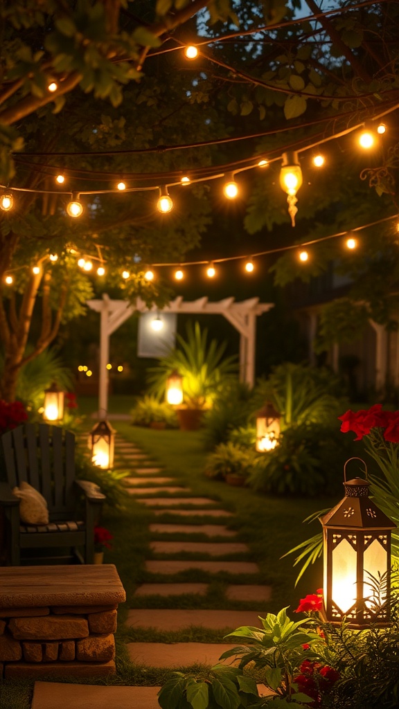 A beautifully lit garden path with string lights and lanterns, creating a warm and inviting atmosphere.