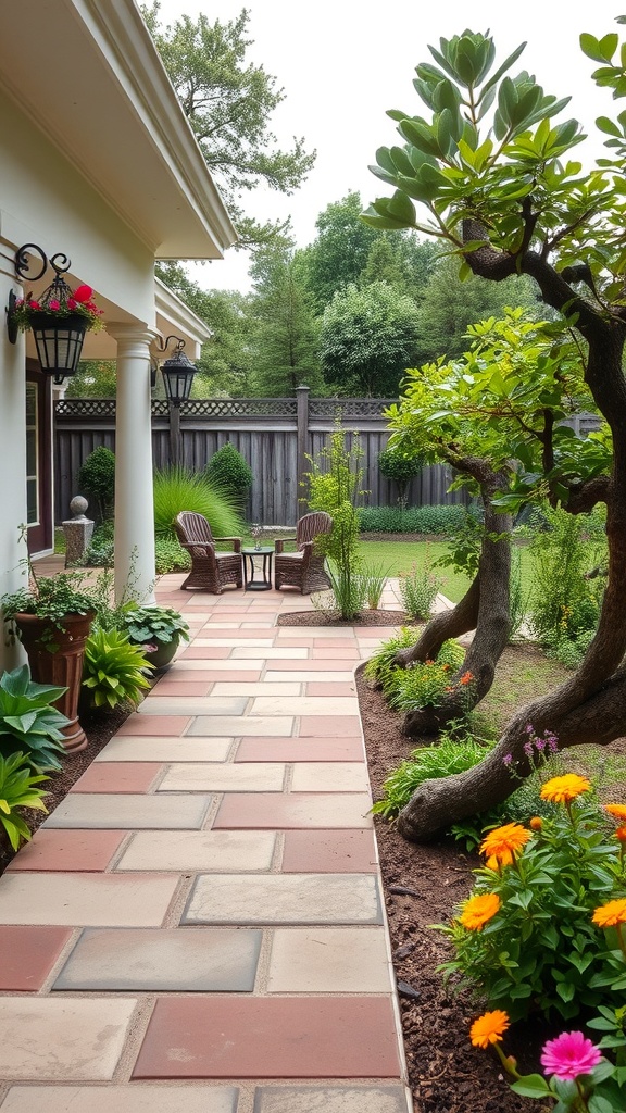 A garden pathway made of warm-toned stones leading to a cozy seating area surrounded by vibrant flowers and greenery.