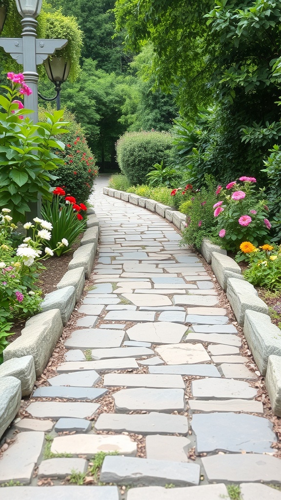 A winding garden pathway made of natural stone, surrounded by colorful flowers and greenery.