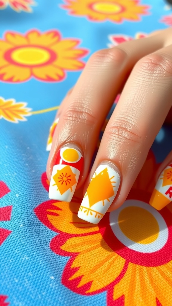 Summer nails featuring geometric patterns in bright colors