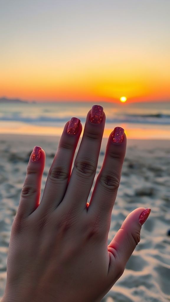 A hand with glittery sunset nails against a beach sunset background