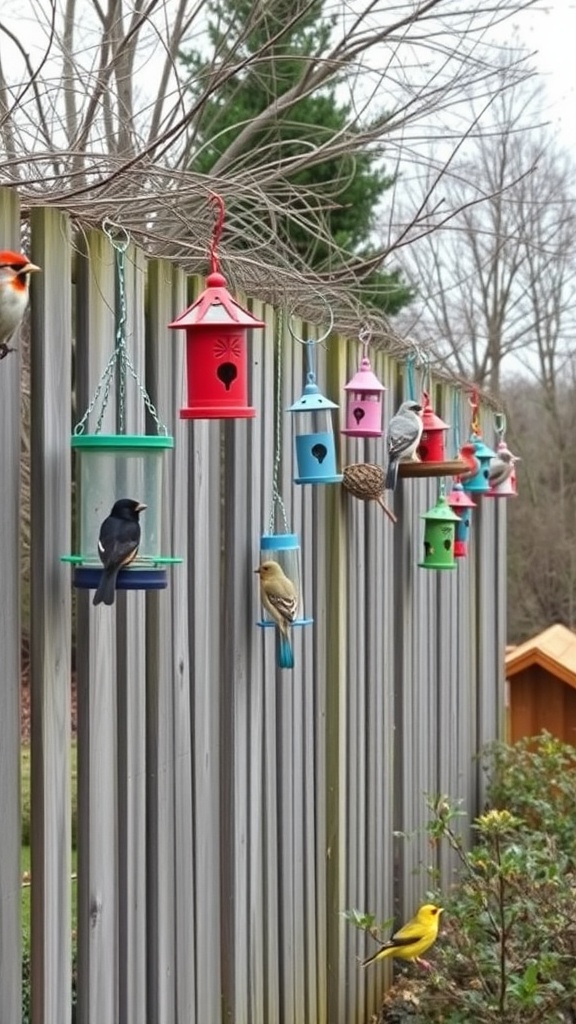 Colorful bird feeders hanging on a wooden fence with birds perched on them.