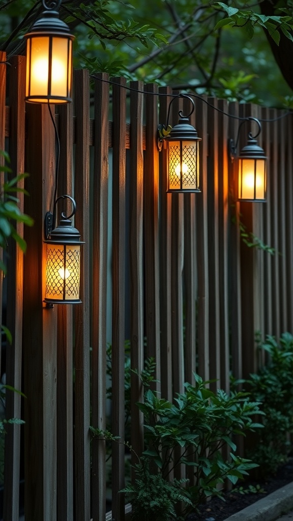 Wooden fence with hanging lanterns providing warm lighting