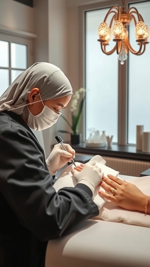 A nail technician working on a client's French nails in a well-lit salon.
