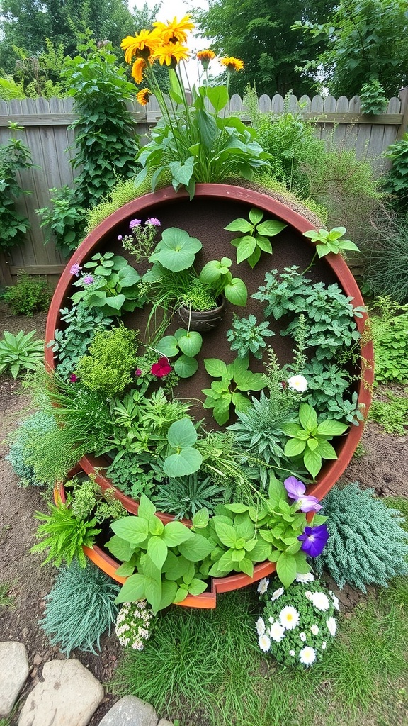A colorful herb spiral garden featuring various herbs and flowers arranged in a spiral shape.