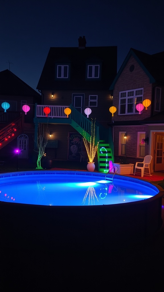 A beautifully lit above ground pool surrounded by colorful lanterns and decorative lights at night.