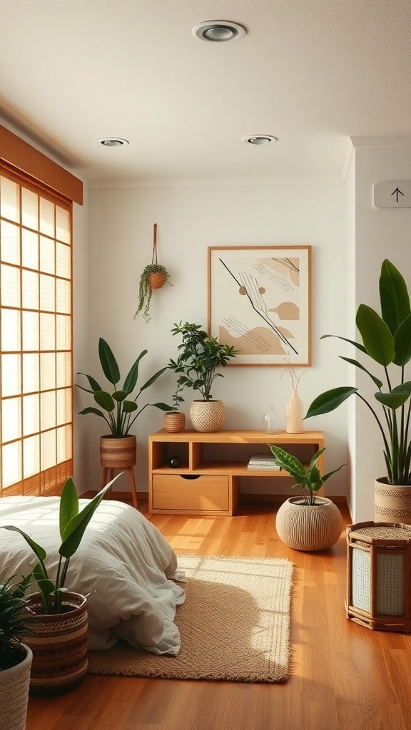 A cozy Japandi bedroom with plants, wooden furniture, and soft textiles.