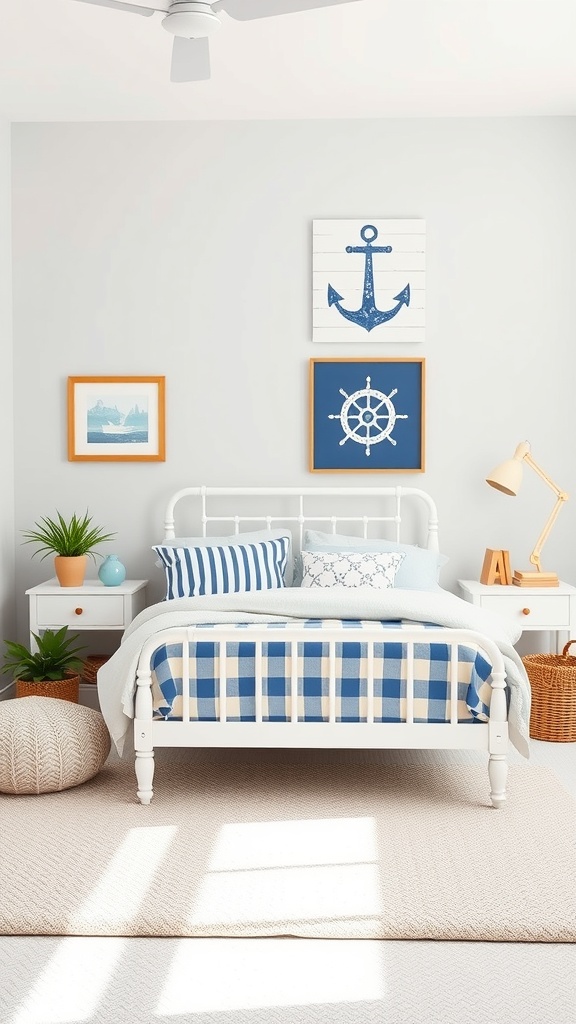 A bright preppy bedroom featuring nautical elements, including blue and white bedding, nautical-themed wall art, and potted plants.