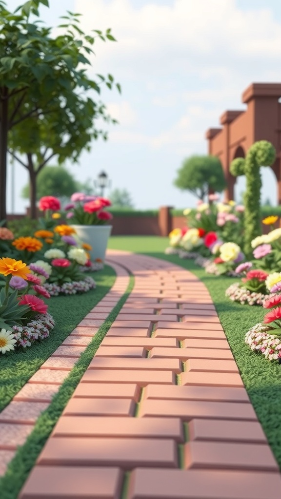 A beautiful garden layout featuring a winding brick pathway surrounded by colorful flowers and greenery.