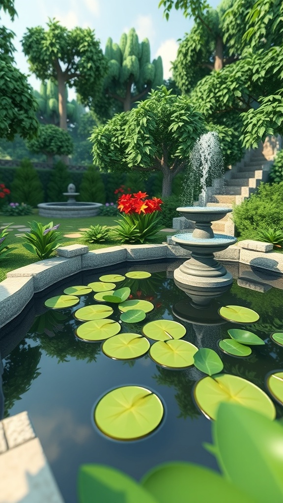 A beautiful garden layout featuring a pond with lily pads and a fountain, surrounded by trees and flowers.