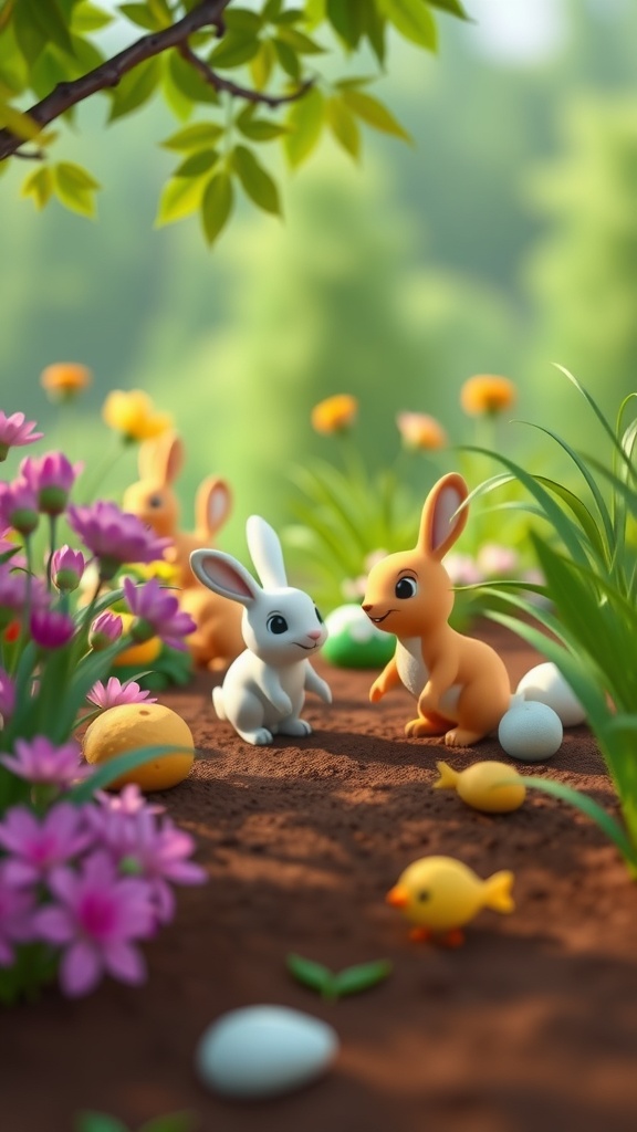 A vibrant Roblox garden scene featuring animated rabbits, flowers, and colorful eggs.